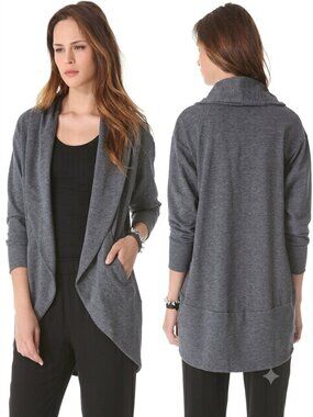 THEORY Kolma Knit Shawl Collared Cardigan Grey Quiet Luxury Sz M Office Chic